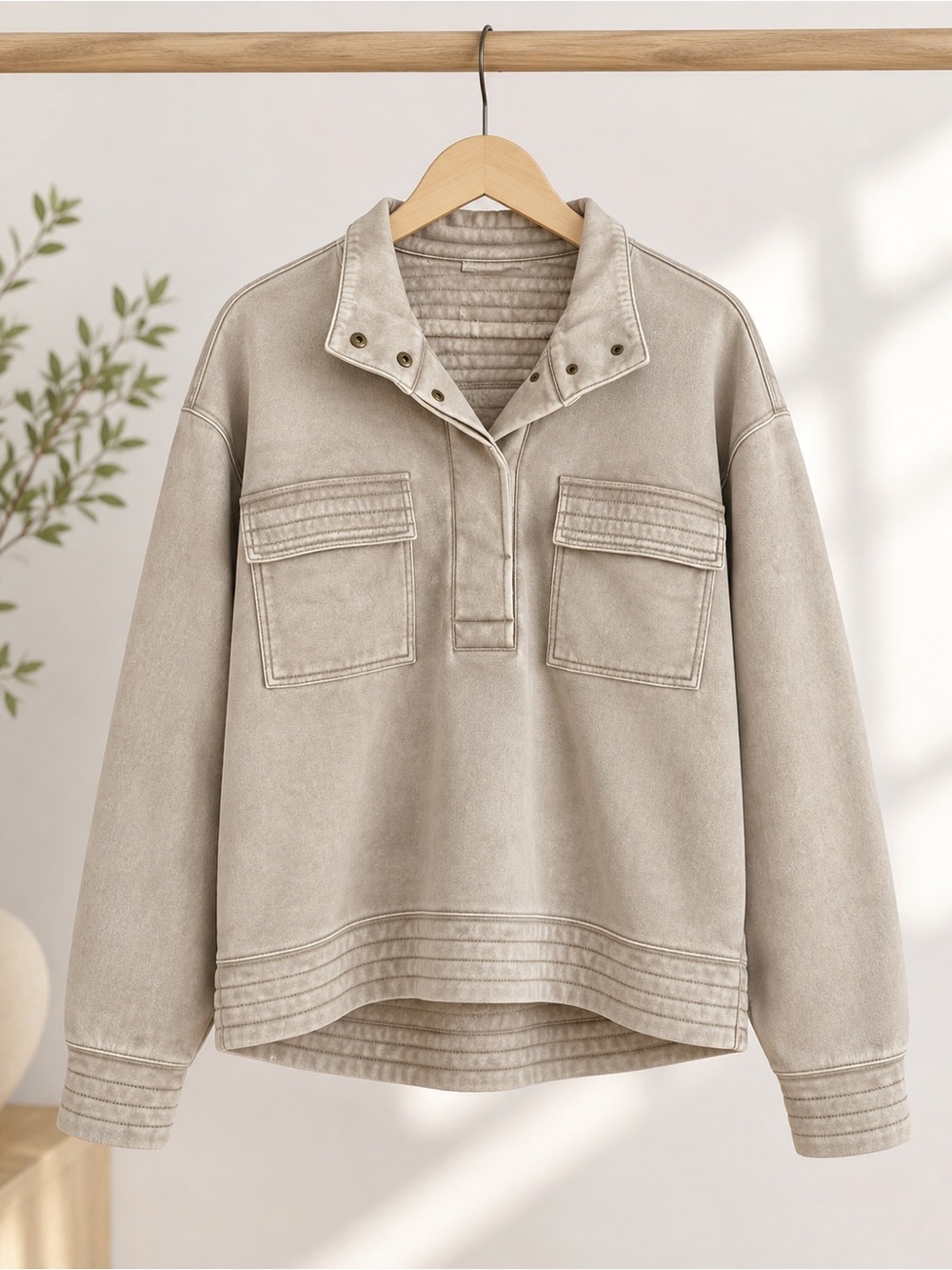 Zenana Mineral Wash Pullover Sweatshirt Jacket Size M Taupe Utility Pocket NWOT